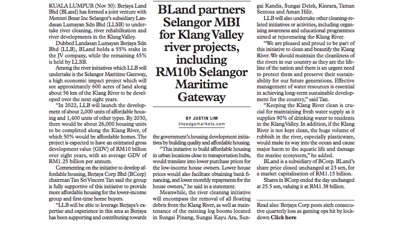[CEO Morning Brief] BLand Partners Selangor MBI For Klang Valley River Projects, Including RM10b Selangor Maritime Gateway